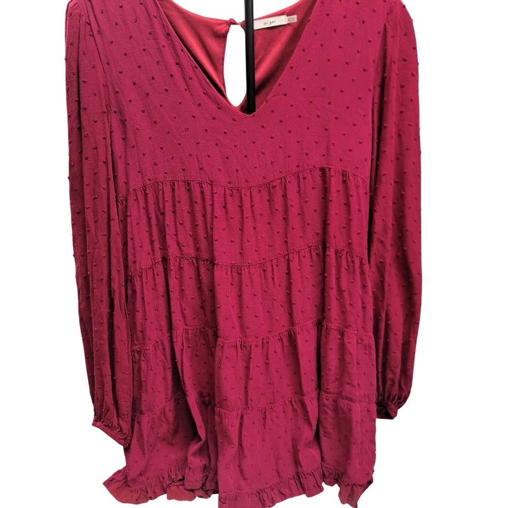 Mi Ami Francescas Burgundy Swiss Dot Tiered Babydoll Tunic Dress Small Burgundy